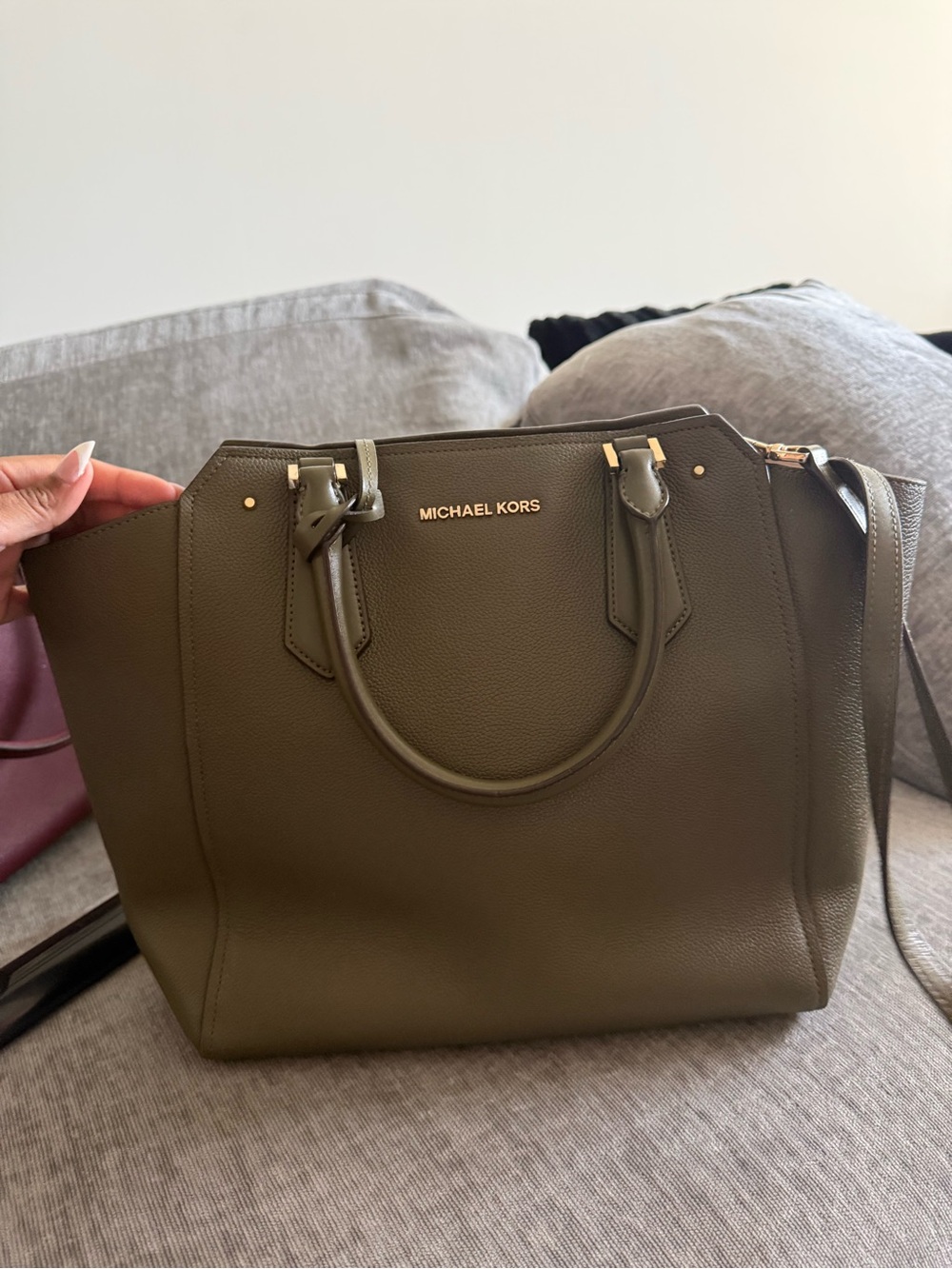 MICHAEL KORS Olive Green Leather Tote Bag